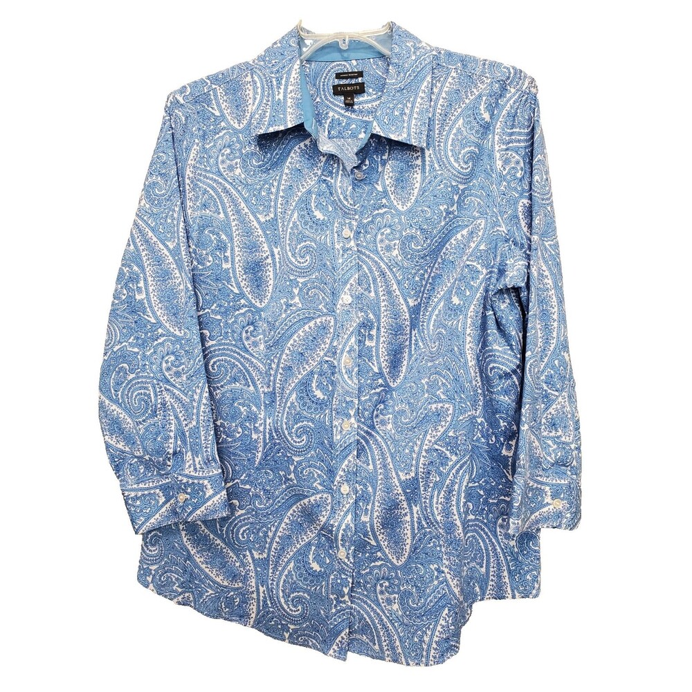Talbots Wrinkle Resistant Cotton Blend Flip-Cuff Blue Paisley Button-Up Top 14